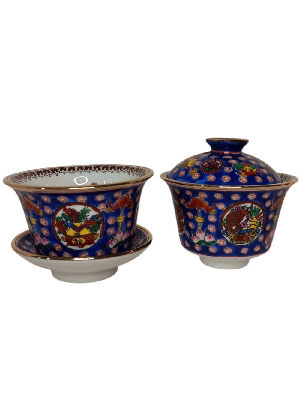 Chinese Gaiwan Tea Set Blue Gold Red Yellow 2 Cups 1 Saucer 1 Lid